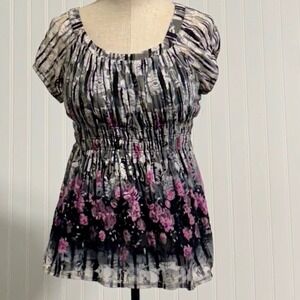 Y2K DM Donna Moore Smocked Mesh Overlay Top Floral Fairy Grunge Whimsigoth M